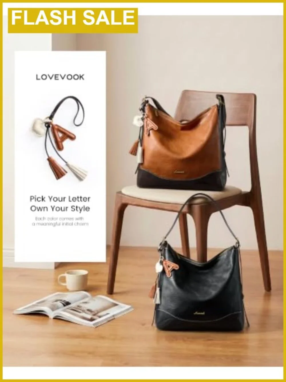 Vegan Leather Hobo Bag with Initial Charm, Women's Crossbody Slouchy Shoulder